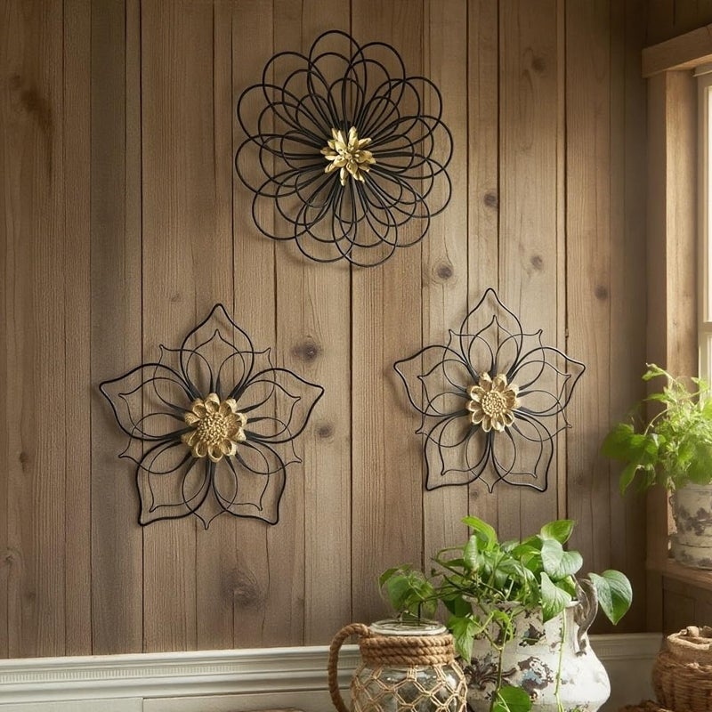Remenna Metal Flowers Wall Decor, Metal Rustic Wall Art Decoration Farmhouse Wall Decorations Multiple Floral Hanging Decor for Bathroom Living Room Home Office Garden Kitchen (Black&Gold) - Image 2